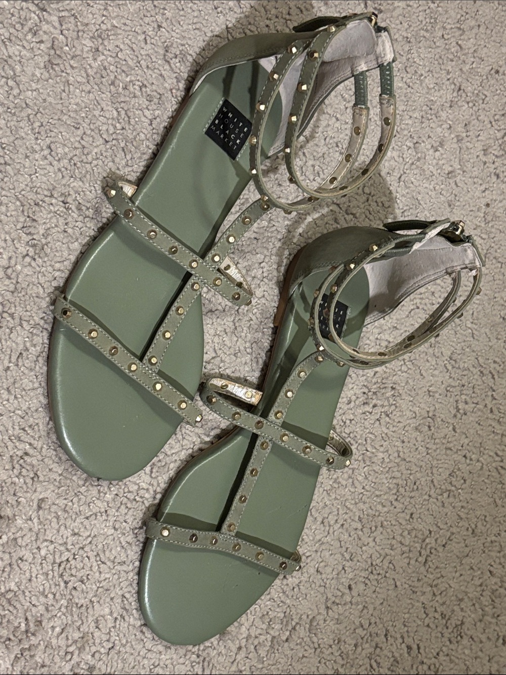 White House Black Market Olive Green Studded T-Strap Sandals
